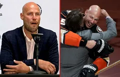 Ryan Getzlaf får tröjan i taket i Anaheim.