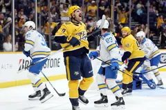 Filip Forsberg jublar efter säsongens första mål. Foto: Alan Poizner-Imagn Images
