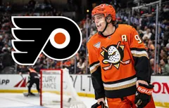 Philadelphia Flyers gör ett rejält försök att snuva Anaheim Ducks på Leo Carlsson.. Foto: Corinne Votaw-Imagn Images