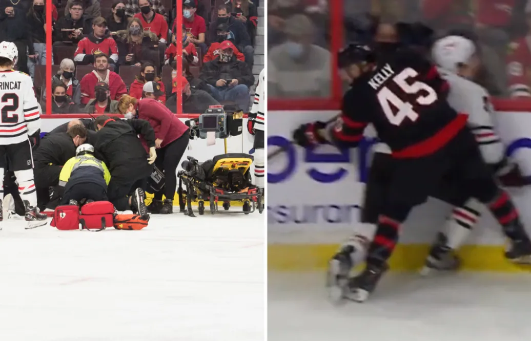 Connor Murphy ut på bår efter Parker Kellys tackling