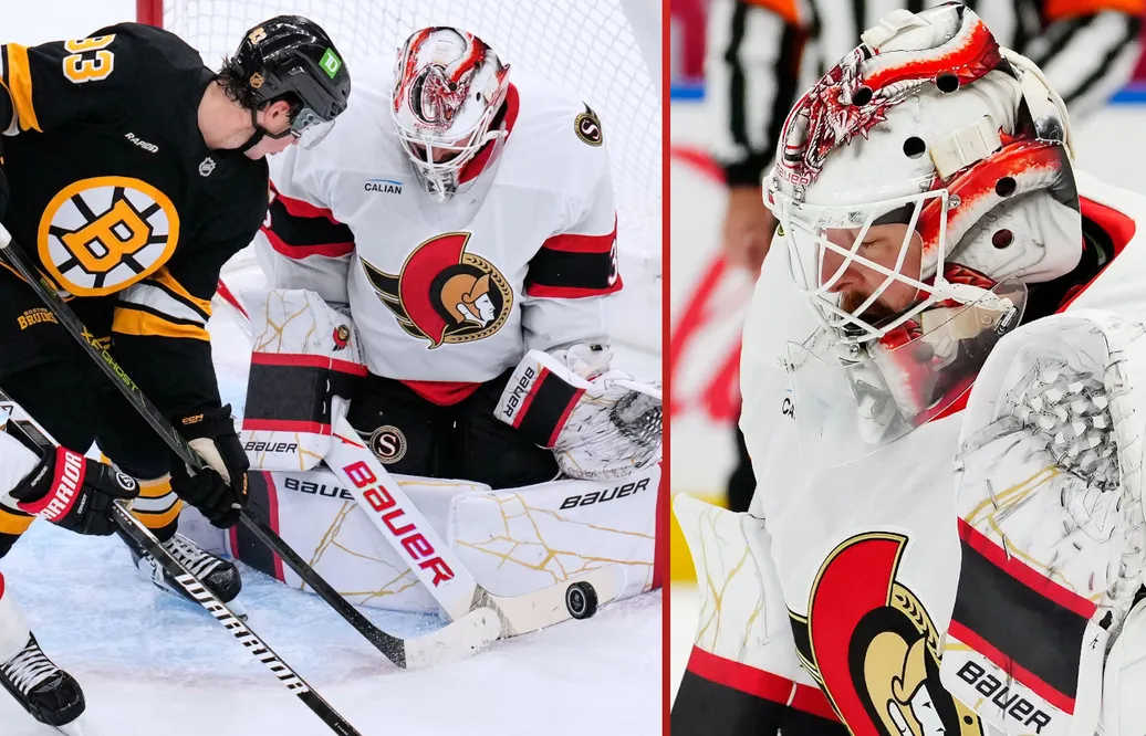 Linus Ullmark tvingades utgå i nattens match .