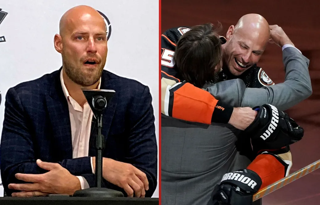 Ryan Getzlaf får tröjan i taket i Anaheim.