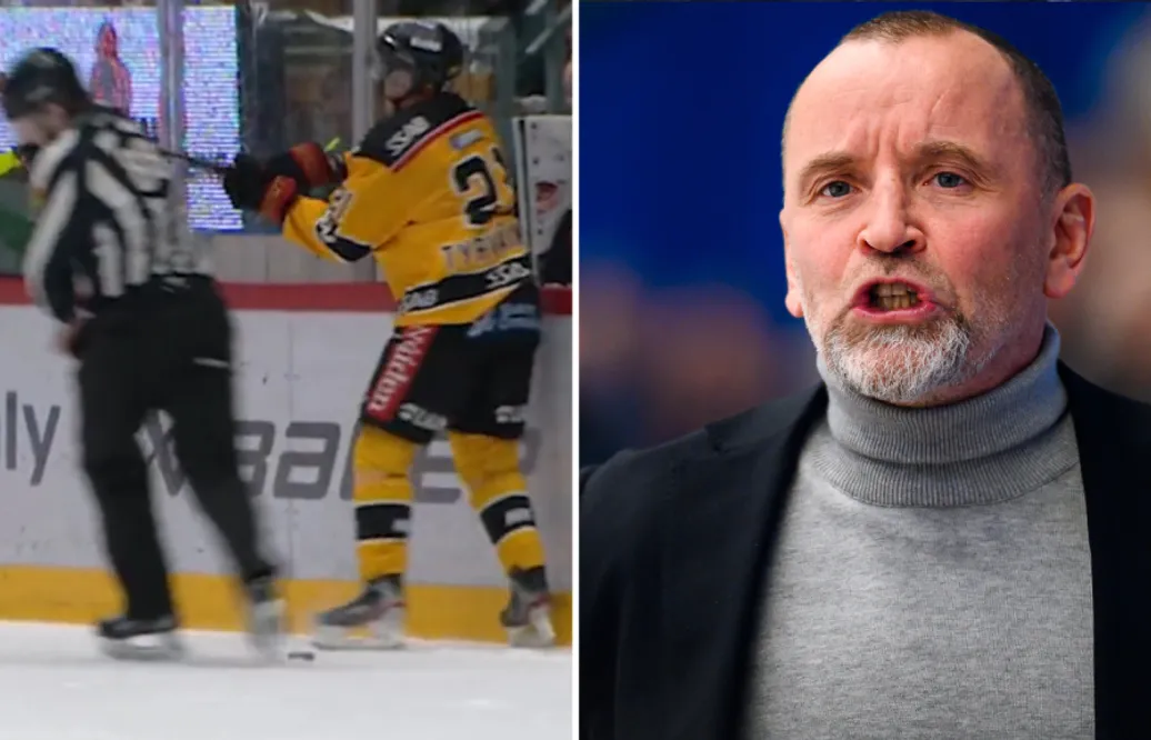 Thomas Berglund rasar mot matchstraffet på Juhani Tyrväinen