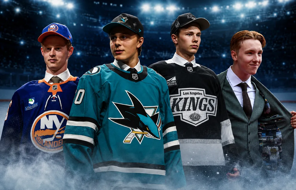 Nydraftade svenska talanger som Malte Gustafsson, Ivar Stenberg, Elton Hermansson och Viggo Björck kommer att få chansen att bekanta sig med sina NHL_klubbar den här veckan. Foto: Bildbyrån & Alamy (montage)