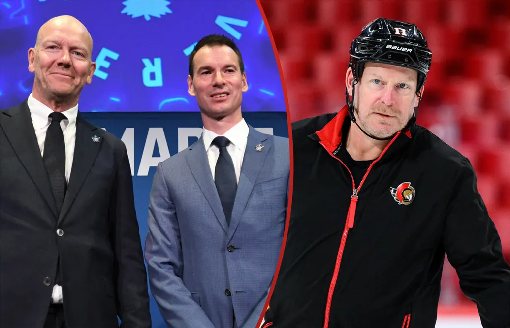 Mats Sundin och John Chayka plockar in Daniel Alfredsson.
Foto: Bildbyrån.