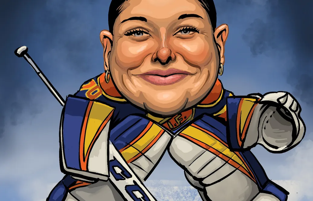 Fredrik Jax's karikatyr av SM-guldhjälten och VM-målvakten Lovisa Berndtsson.