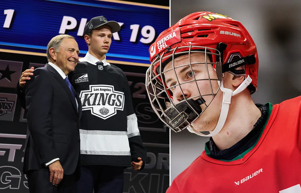 Elton Hermansson skriver på sitt första NHL-kontrakt. Foto: Bildbyrån (montage).