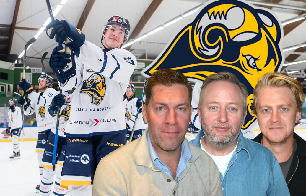 Per Svartvadet, Fredrik Söderström och Rasmus Näsan synar Visby/Romas lagbygge.