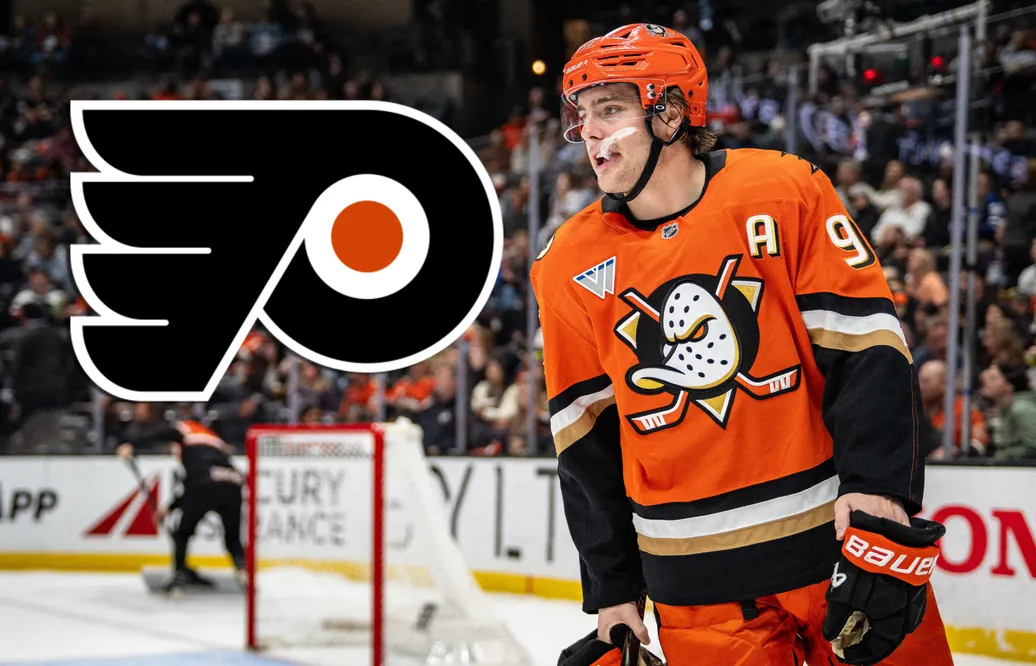Philadelphia Flyers gör ett rejält försök att snuva Anaheim Ducks på Leo Carlsson.. Foto: Corinne Votaw-Imagn Images