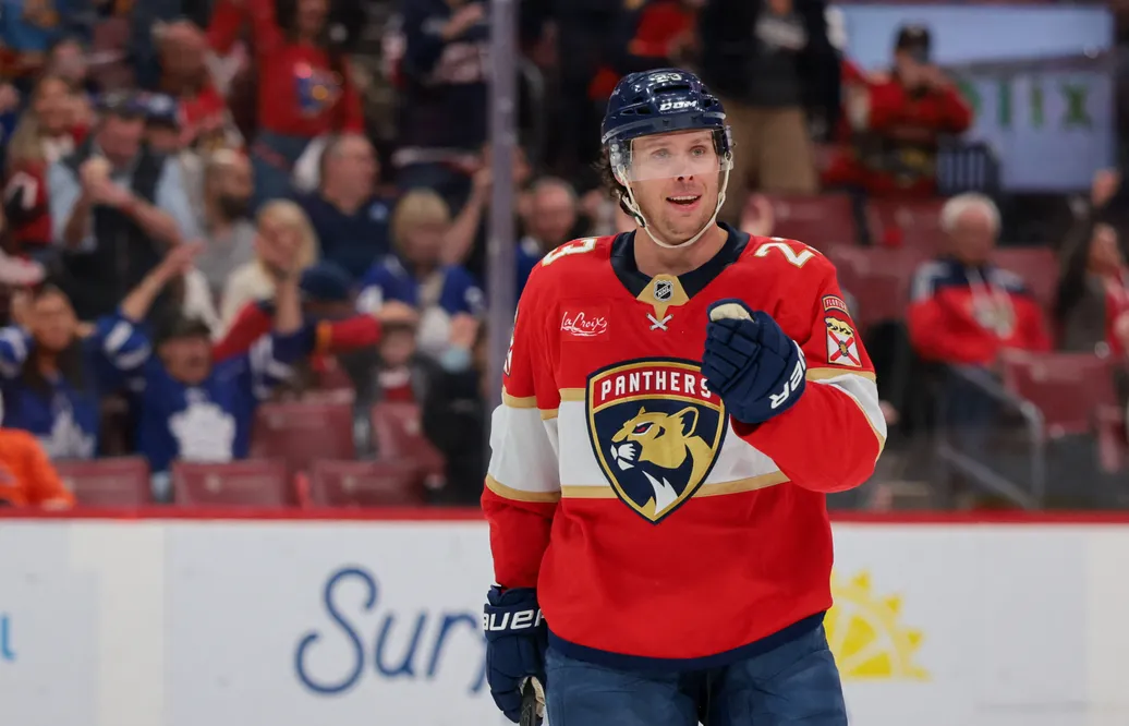 Carter Verhaeghe gjorde ett äkta hattrick för Florida Panthers. Foto: Sam Navarro-Imagn Images