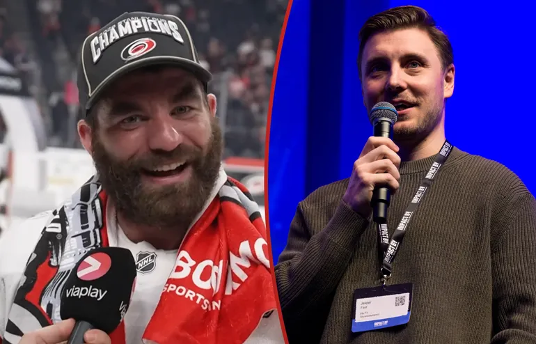 Jordan Martinook skickar en hälsning till Jesper Fast efter Stanley Cup-titeln.