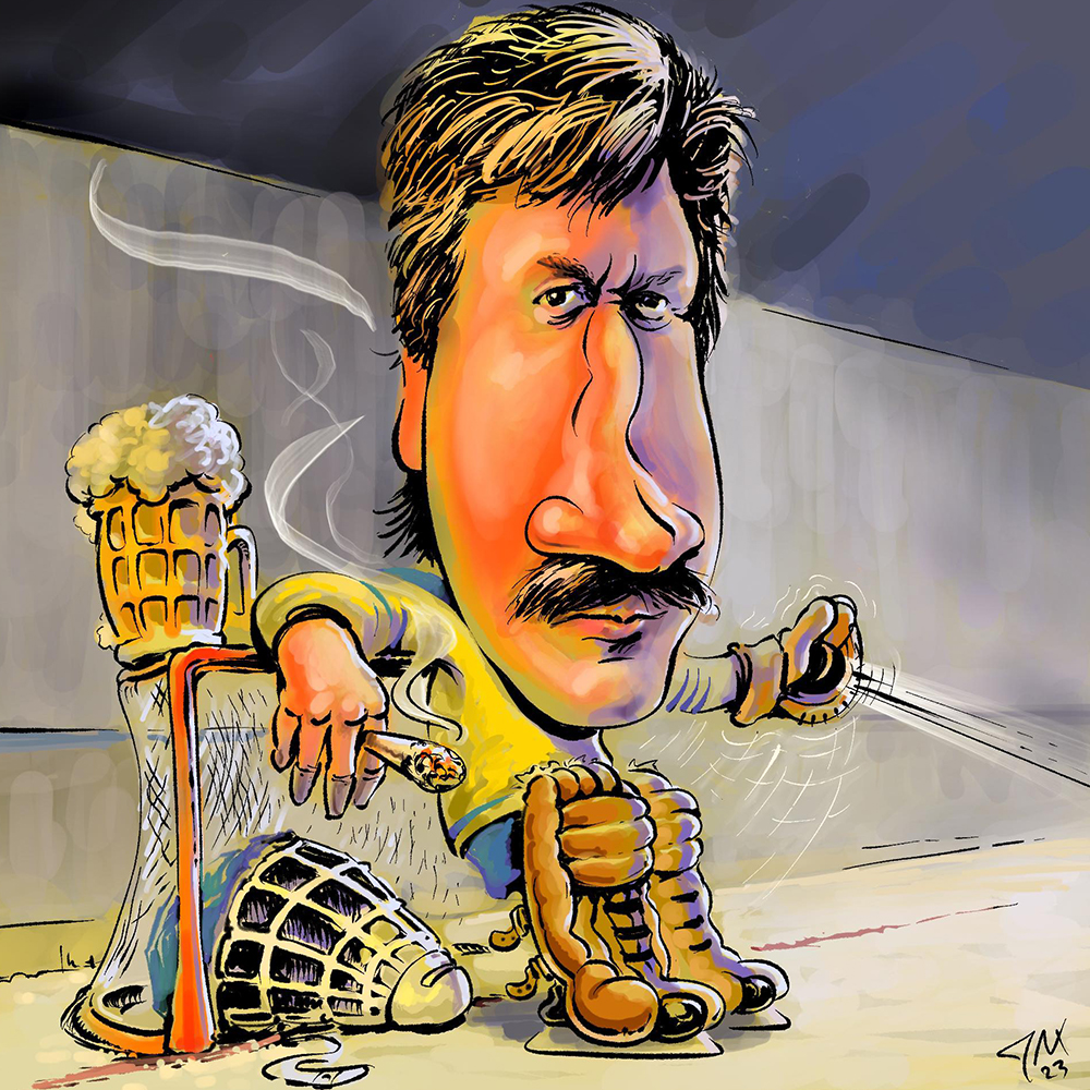 Pekka Lindmark. Karikatyr av Fredrik Jax