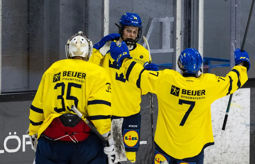 Tom Bjurman firar ett mål i landslaget