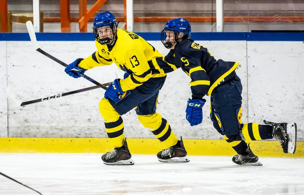 Ludvig Langermo Neuman och Malte Liljegren under ishockeymatchen i landslaget mellan Sverige Gul och Sverige Blå den 30 november 2025 i Furudal