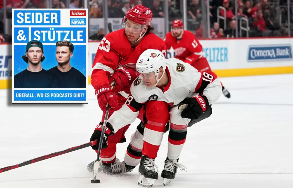 Moritz Seider och Tim Stützle har startat en egen podcast. Foto: AP Photo/Paul Sancya