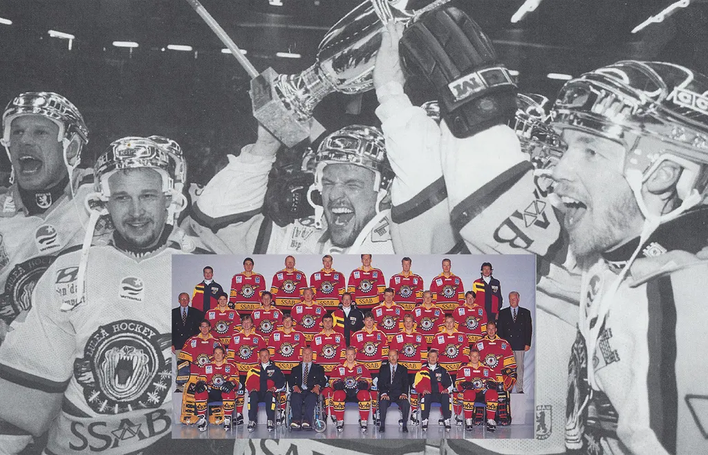 Mikael Lindholm, Jarmo Myllys, Johan Strömwall och Roger Åkerström. Hela guldlaget infällt.