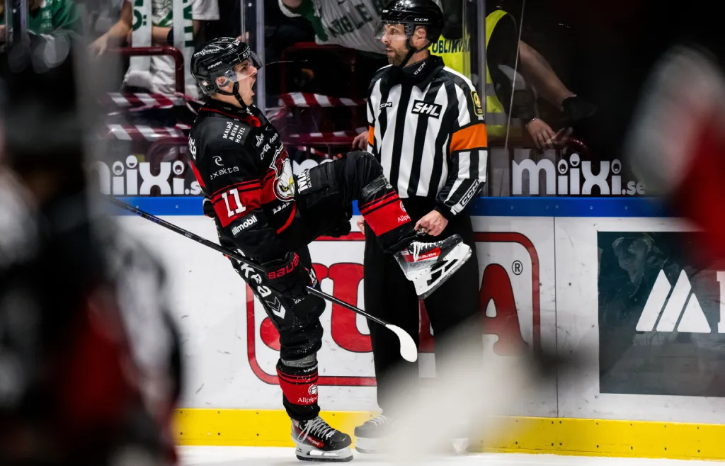 Malmö Redhawks Nikola Pasic jublar efter 2-2 under ishockeymatchen i SHL mellan Malmö Redhawks och Rögle den 16 november 2024 i Malmö