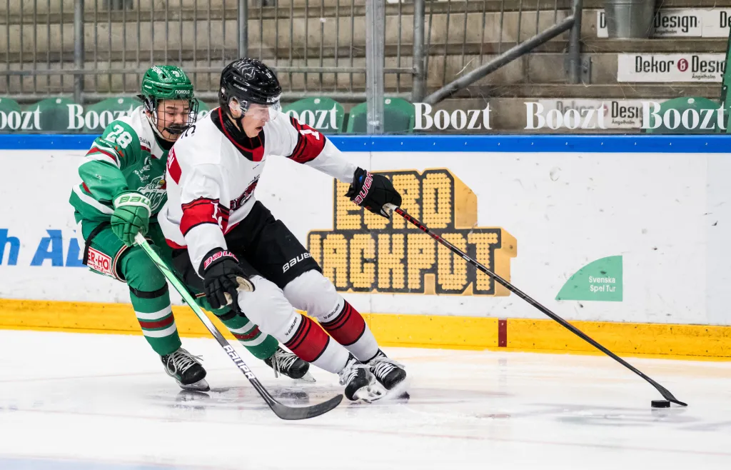 Rögles Mikael Kim under ishockeymatchen i J20 Nationell Södra mellan Rögle och Malmö den 6 december 2024 i Ängelholm