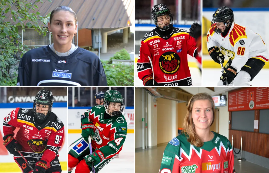 Veckans lag i SDHL. Övre raden från vänster: Kassidy Sauvé, Viivi Vainikka och Sanni Vanhanen. Nedre raden från vänster: Nadia Mattivi, Ebba Westerlind och Andrea Dalen
