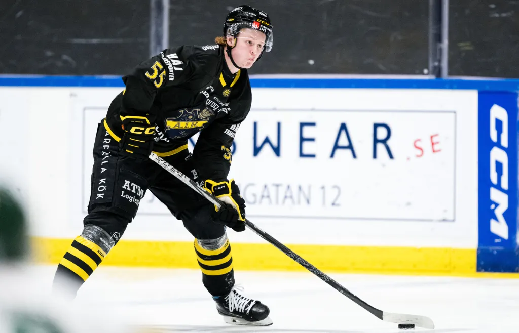 AIKs Viggo Gustafsson under kvartsfinal sex i Hockeyallsvenskan mellan AIK och Björklöven den 27 mars 2025 i Stockholm