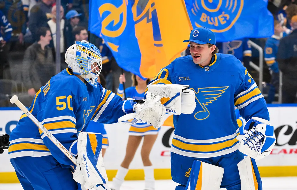 Dagens målvaktspar i Blues: Jordan Binnington och Joel Hofer.
Foto: Bildbyrån.