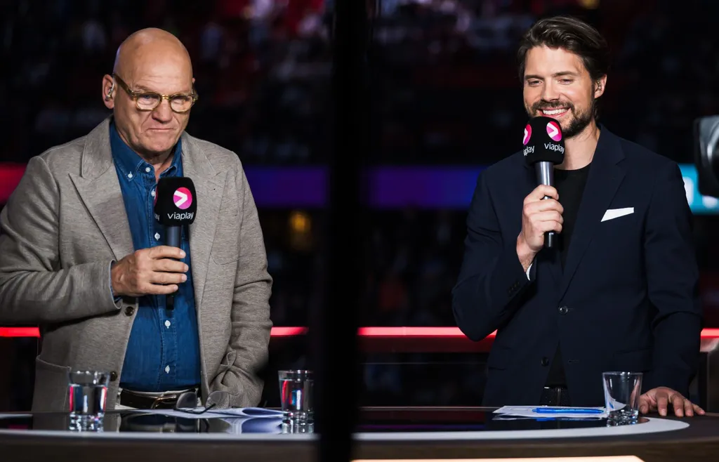 Håkan Södergren och Jacob Josefson tillsammans under Viaplays sändningar från hockey-VM i våras