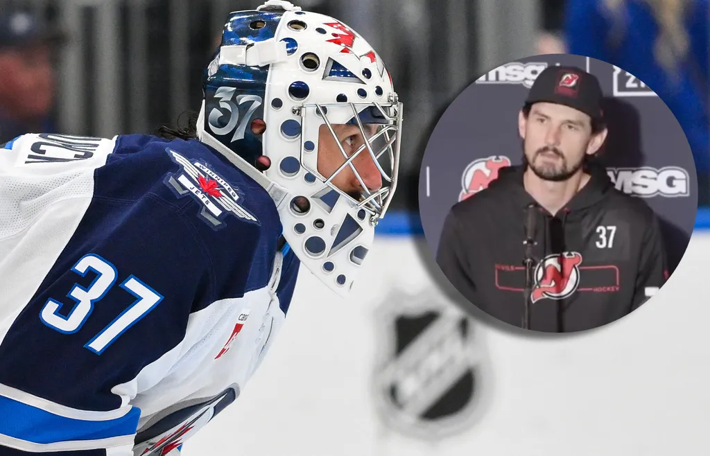 Connor Hellebuyck säger att han ska adressera vad som gick snett i Winnipeg senare. Foto: Jeff Curry-Imagn Images