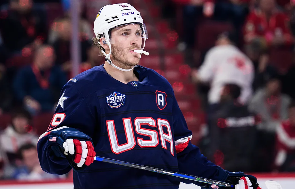 Matthew Tkachuk ser ut att kunna missa nattens match mot Sverige i 4 Nations Face-Off. Foto: Joel Marklund / BILDBYRÅN