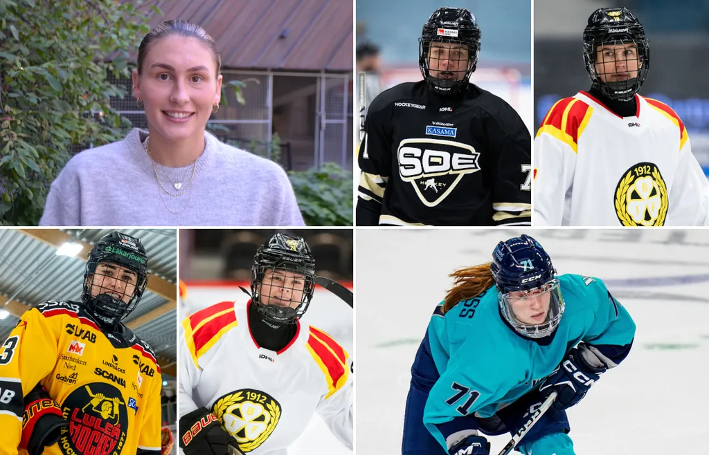 Veckans lag i SDHL. Övre raden från vänster: Kassidy Sauvé, Emily Nix och Jenniina Nylund. Nedre raden från vänster: Nadia Mattivi, Sara Cajanova och Savannah Norcross.