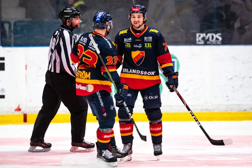 Emil Bemström och Linus Hultström firar mål för Djurgården säsongen 2018/19