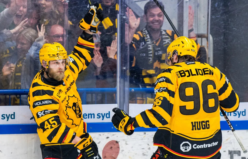 Oscar Möller och Rickard Hugg jublar efter ett mål i SM-finalen mot Växjö