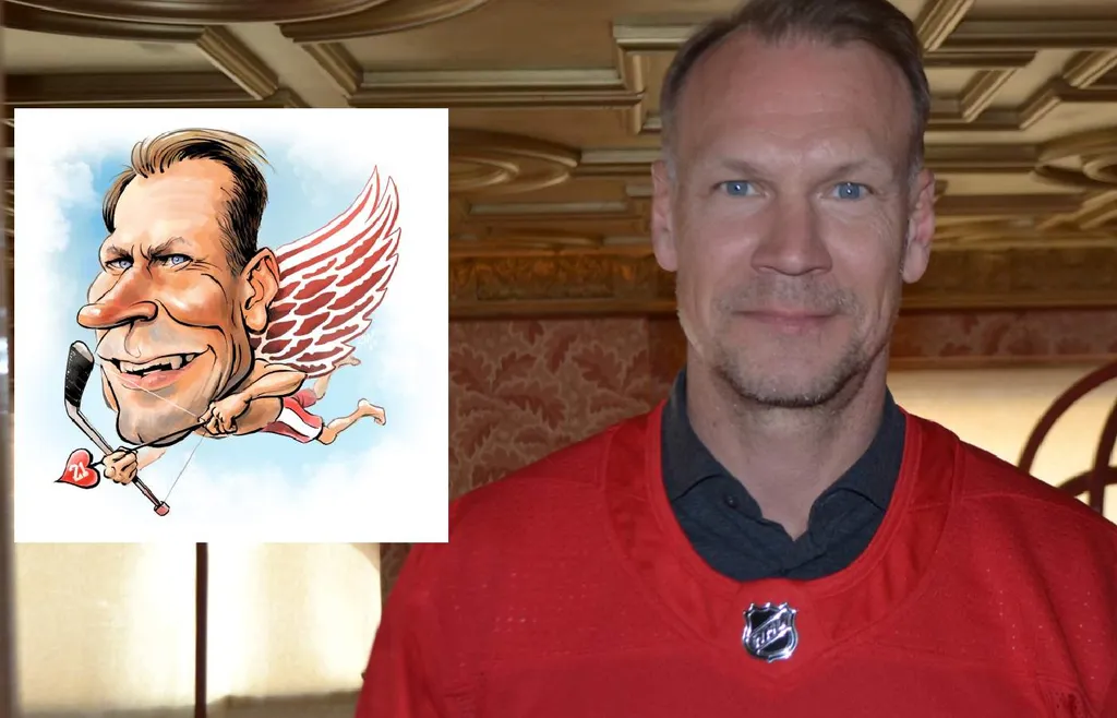 Nicklas Lidström och en karikatyr av honom, signerad Fredrik Jax