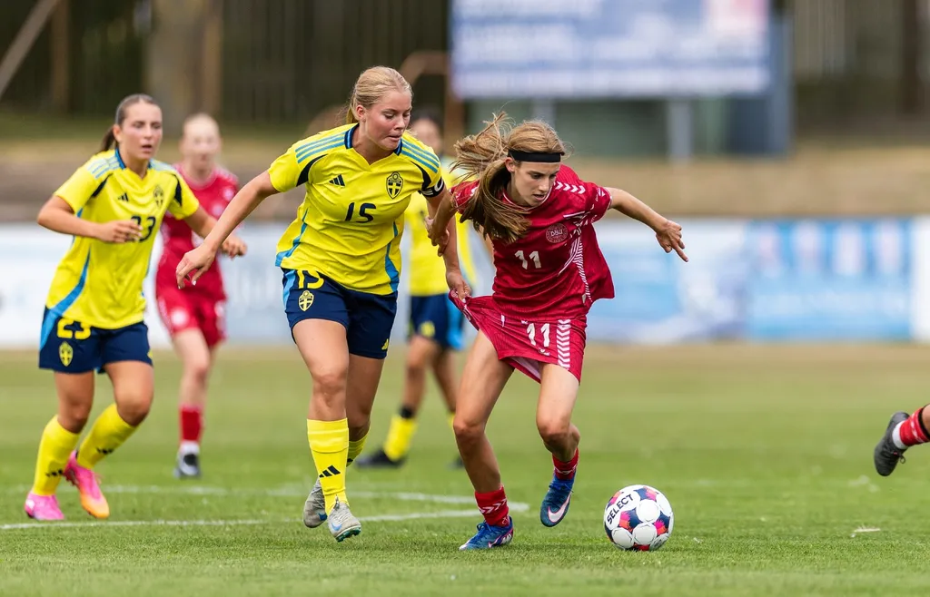 Elsa Blårand i en fotbollslandskamp mot Danmark. 