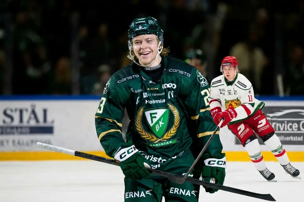 Mikkel Eriksen gjorde första SHL-målet efter ett hektiskt dygn.
Foto: Bildbyrån/montage