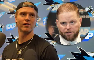 Filip Bystedt får beröm av Ryan Warsofsky efter sin NHL-debut med San Jose Sharks. Foto: YouTube (San Jose Hockey Now) &  Darren Yamashita-Imagn Images