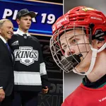 Elton Hermansson skriver på sitt första NHL-kontrakt. Foto: Bildbyrån (montage).