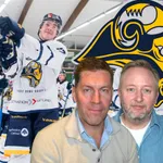 Per Svartvadet, Fredrik Söderström och Rasmus Näsan synar Visby/Romas lagbygge.